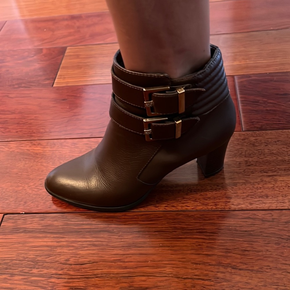 Anne Klein brown booties with gold hardware
